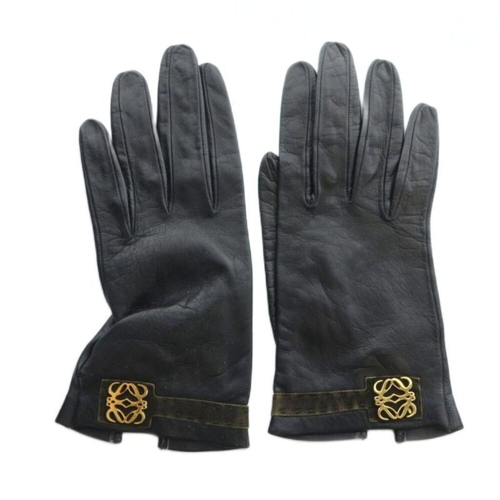 Loewe Gloves Leather Anagram Logo Gold 6.5 Black